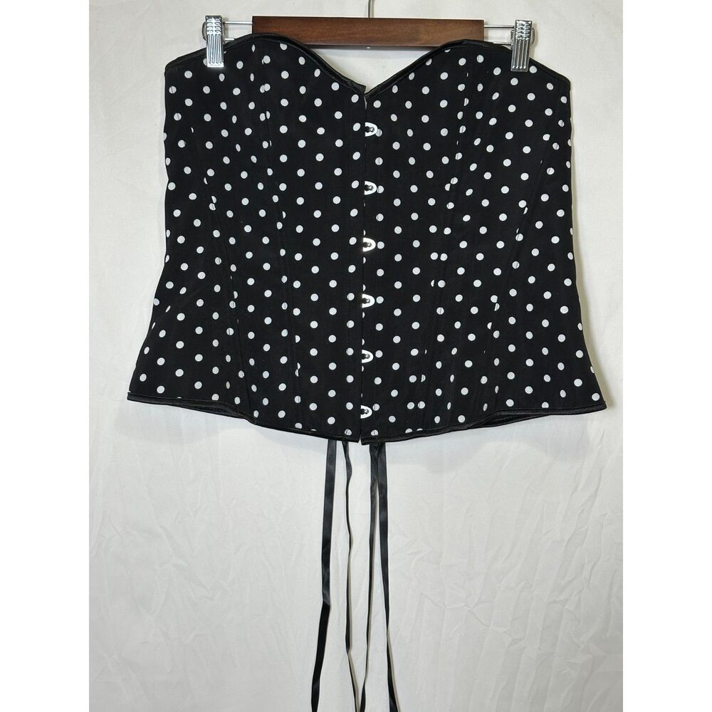 Women's Plus Size Boned Black Polka Dot Corset with Satin Ribbon Detail Size 2X